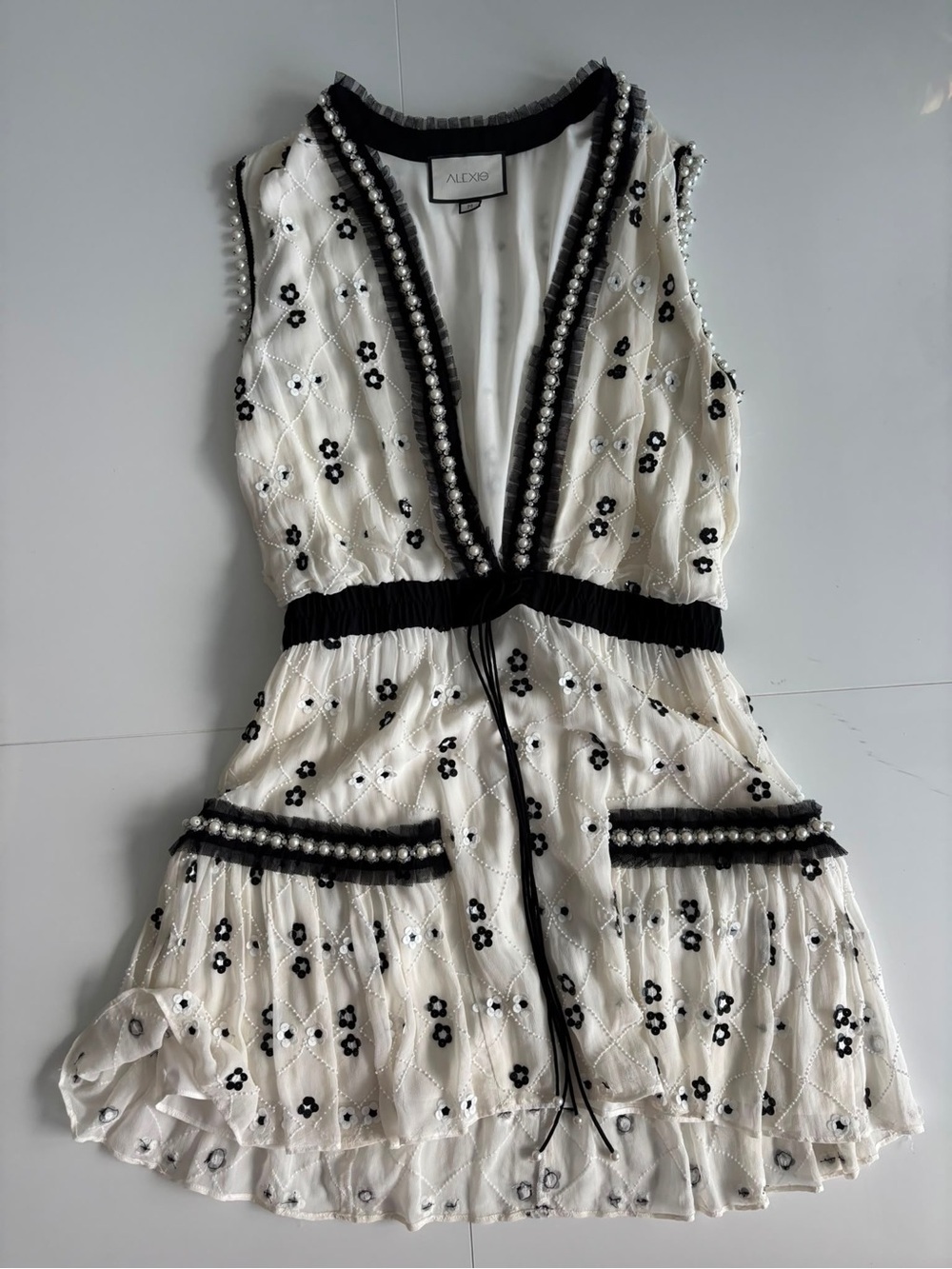 Alexis Ivory Mini Dress with Black Floral Embroidery & Pearl Trim